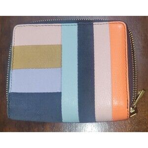 NWOT Fossil Pebbled Leather & Suede Zip Around Patchwork Striped Blue Wallet